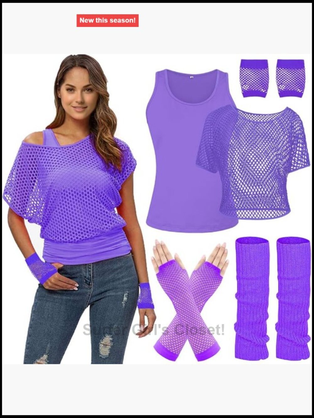 80s Outfit Women Neon Fishnet Off Shoulder T-Shirt with Leggings